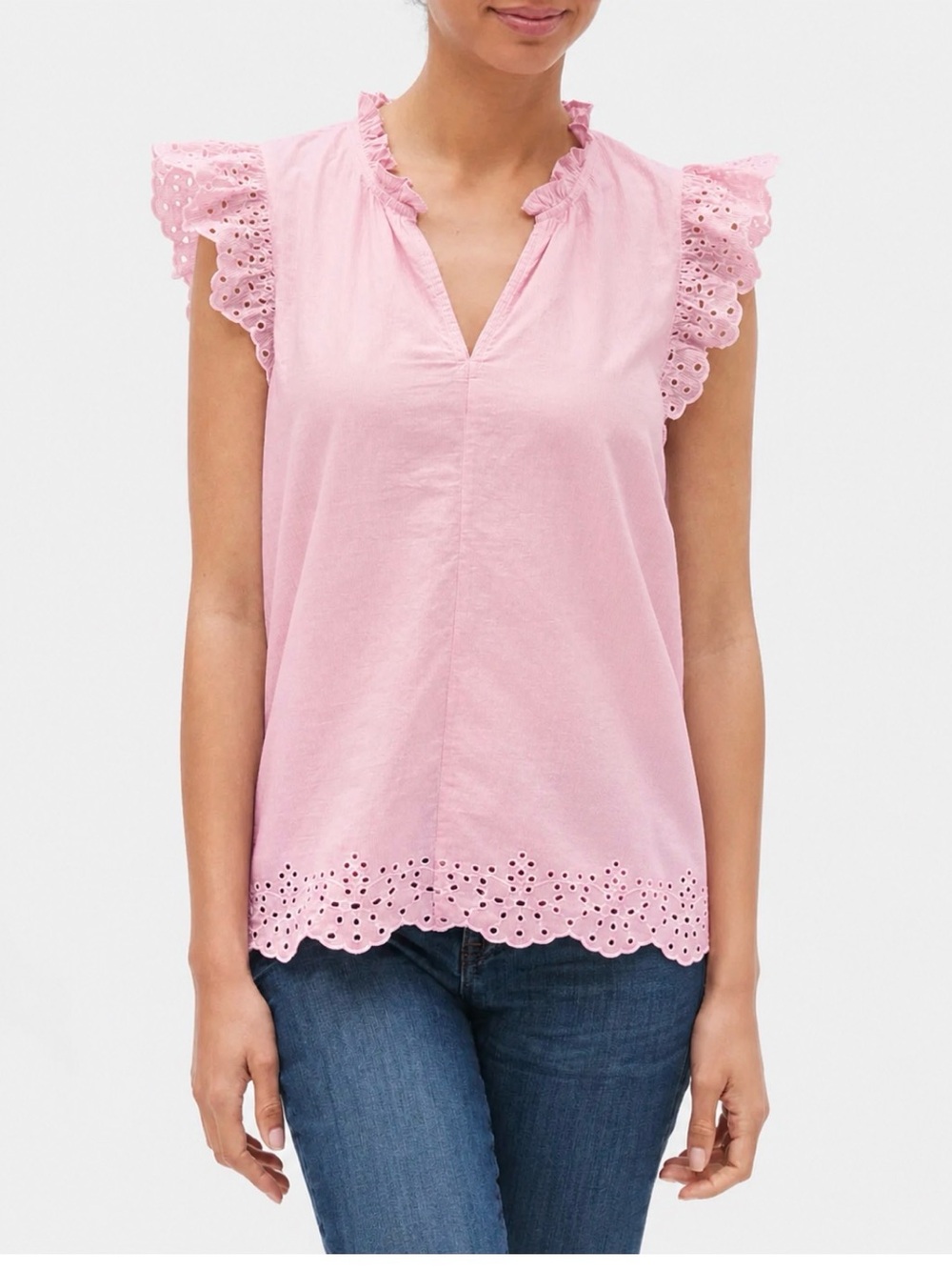 GAP Light Pink Eyelet Ruffle Sleeve V-Neck Top